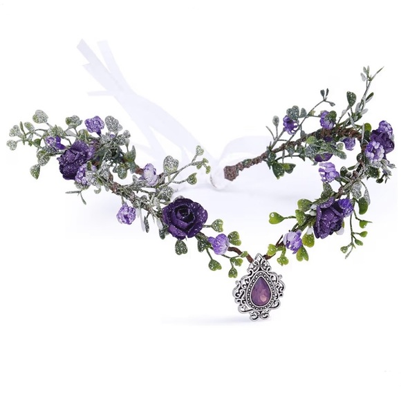MOSTORY Accessories - Handmade Purple Floral Goddess Headpiece with Teardrop Pendant